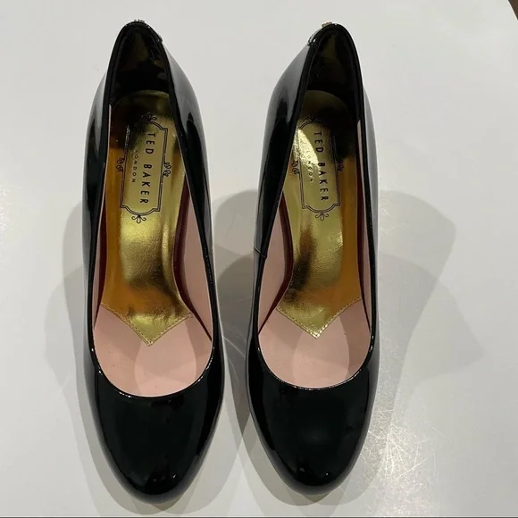 Ted Baker London Glossy Black Heels with Gold Detail - Picture 3 of 11